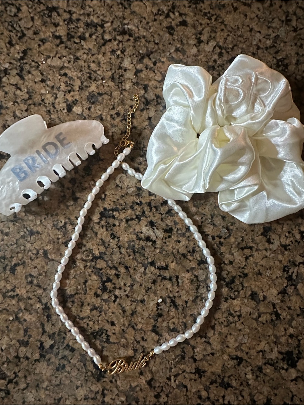 Bridal Pearl 'Bride' Necklace with Ivory Satin Scrunchie and Bride Clip